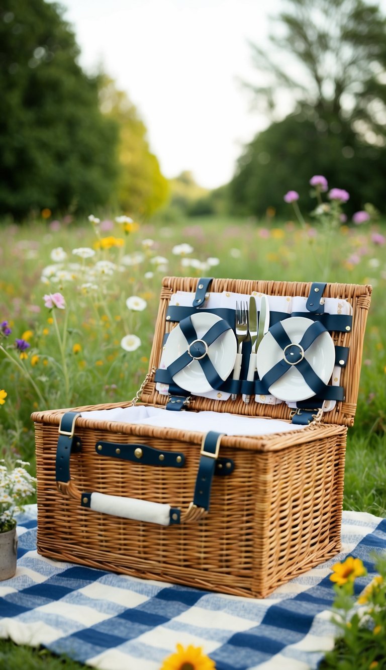 A wicker picnic basket sits on a checkered blanket surrounded by wildflowers and vintage decor, evoking a cozy cottagecore atmosphere