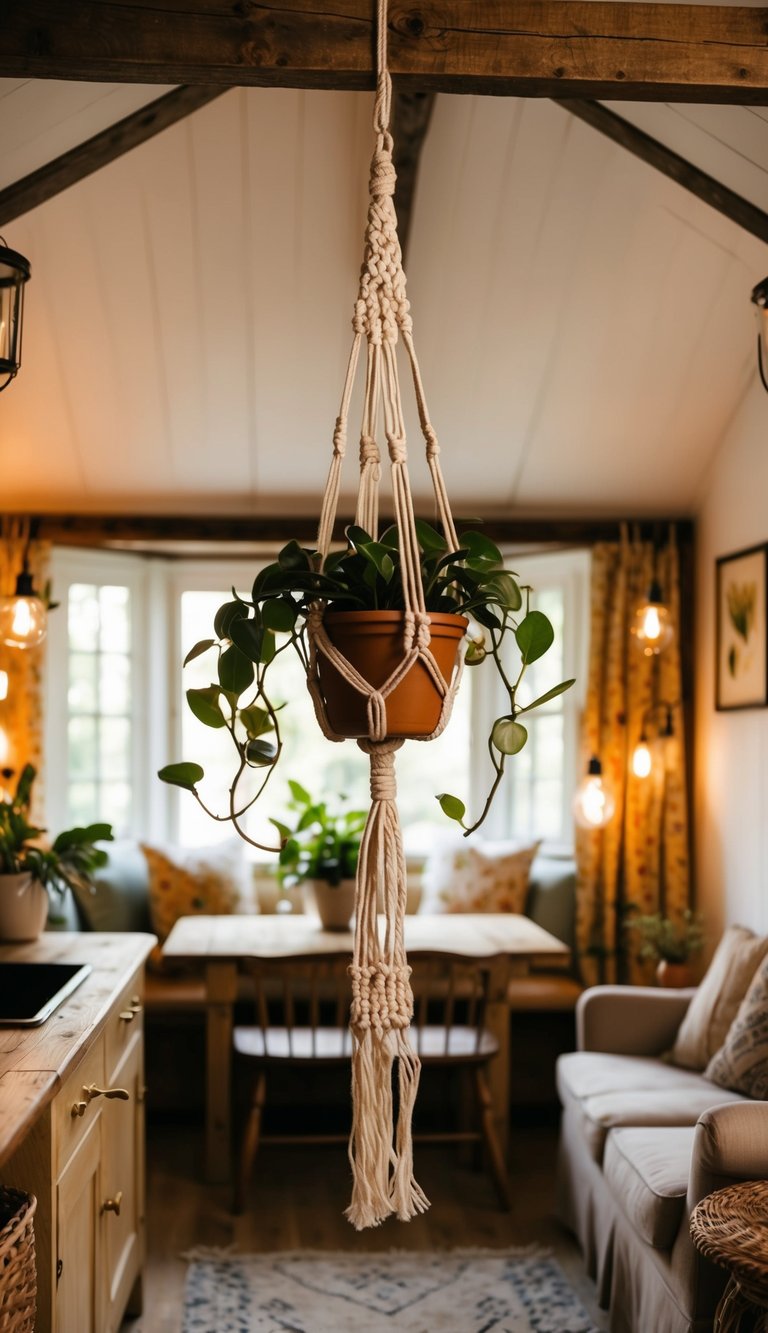 A cozy cottage interior with a macrame plant hanger hanging from a wooden beam, surrounded by vintage decor and warm lighting