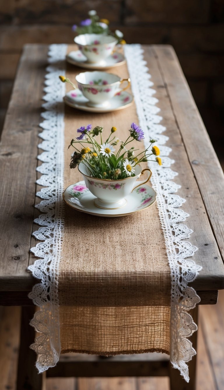 A rustic wooden table adorned with a burlap and lace runner, set with vintage teacups and wildflowers, evoking a cozy cottagecore decor