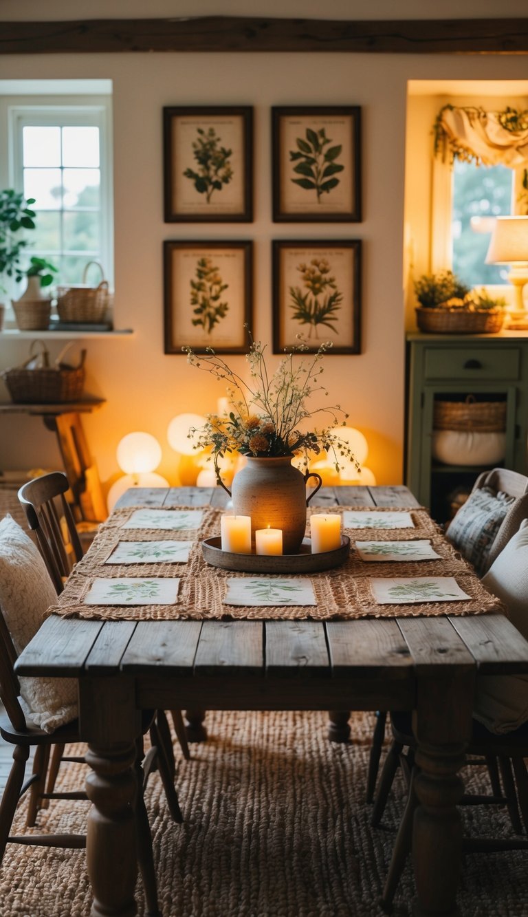 A rustic wooden table adorned with vintage botanical prints, surrounded by cozy cottagecore decor and warm lighting, creating a cozy and inviting home atmosphere