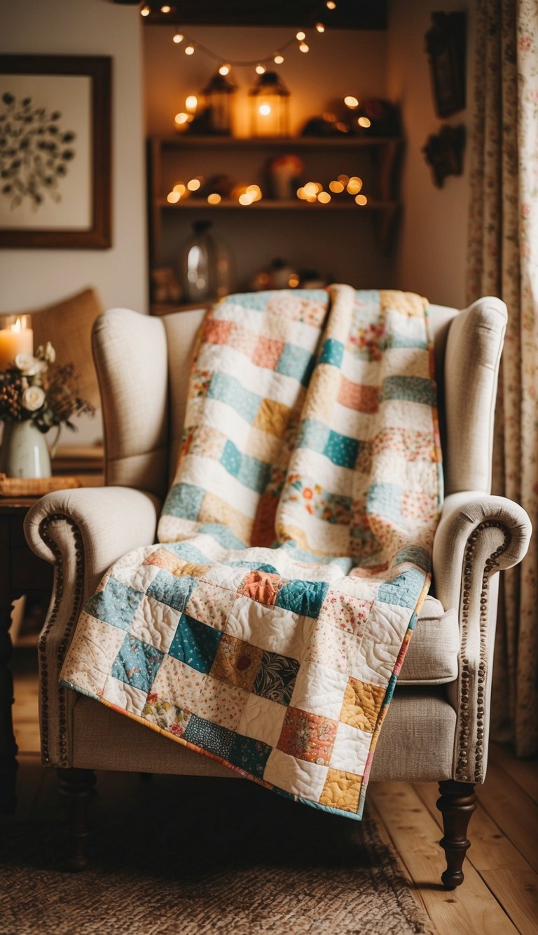 A cozy cottage living room with a patchwork quilt draped over a vintage armchair, surrounded by rustic decor and warm lighting