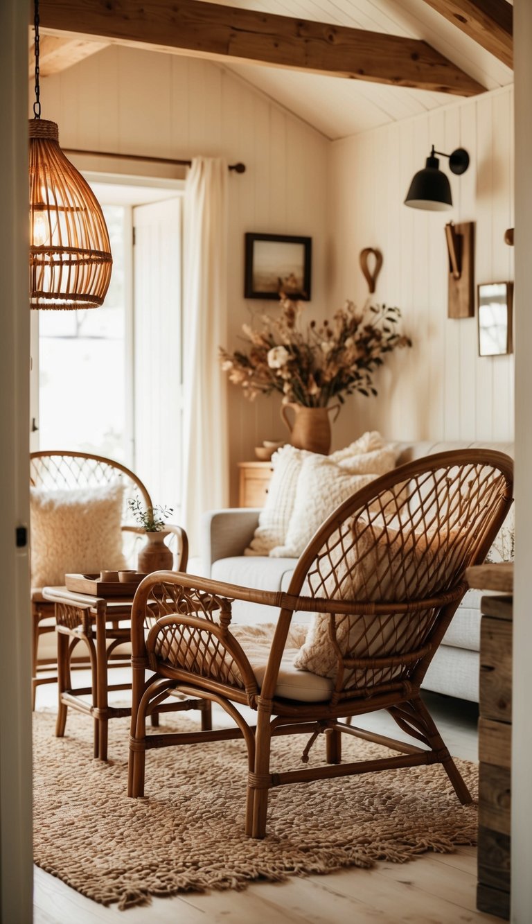 A cozy cottage interior with a rattan chair set, warm lighting, and rustic decor