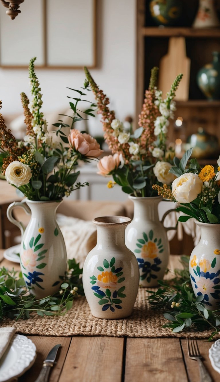 A rustic wooden table adorned with hand-painted ceramic vases, surrounded by floral arrangements and cozy decor, evoking a warm and inviting cottagecore atmosphere