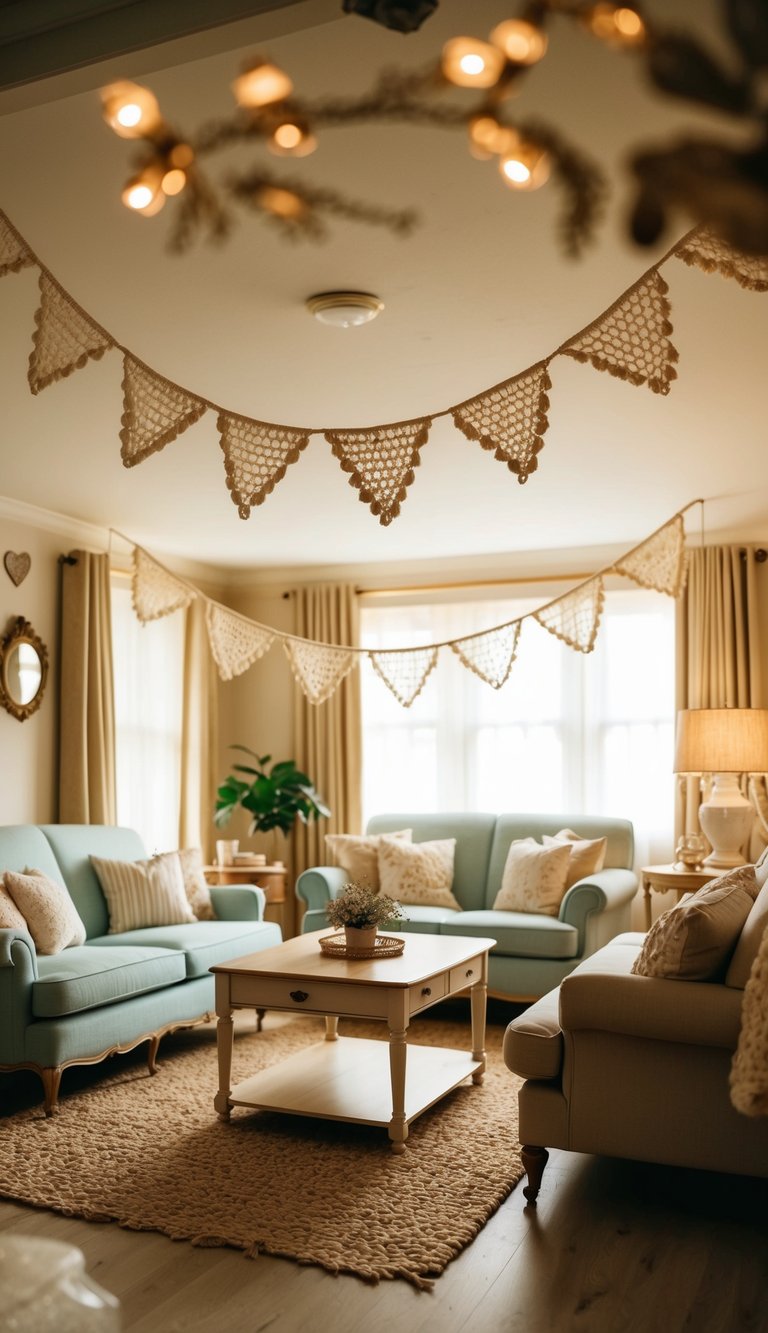 A cozy living room with crochet bunting hanging from the ceiling, surrounded by vintage furniture and soft, warm lighting