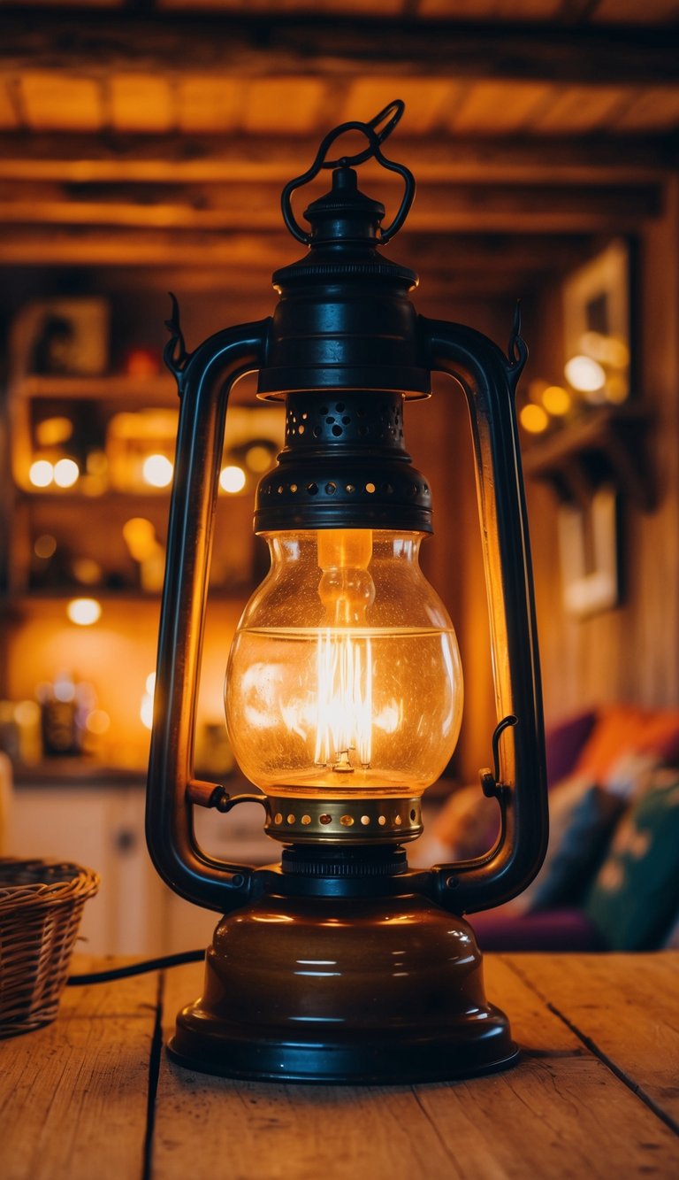 An old-fashioned oil lamp illuminates a cozy cottage interior, surrounded by rustic decor and warm, inviting colors