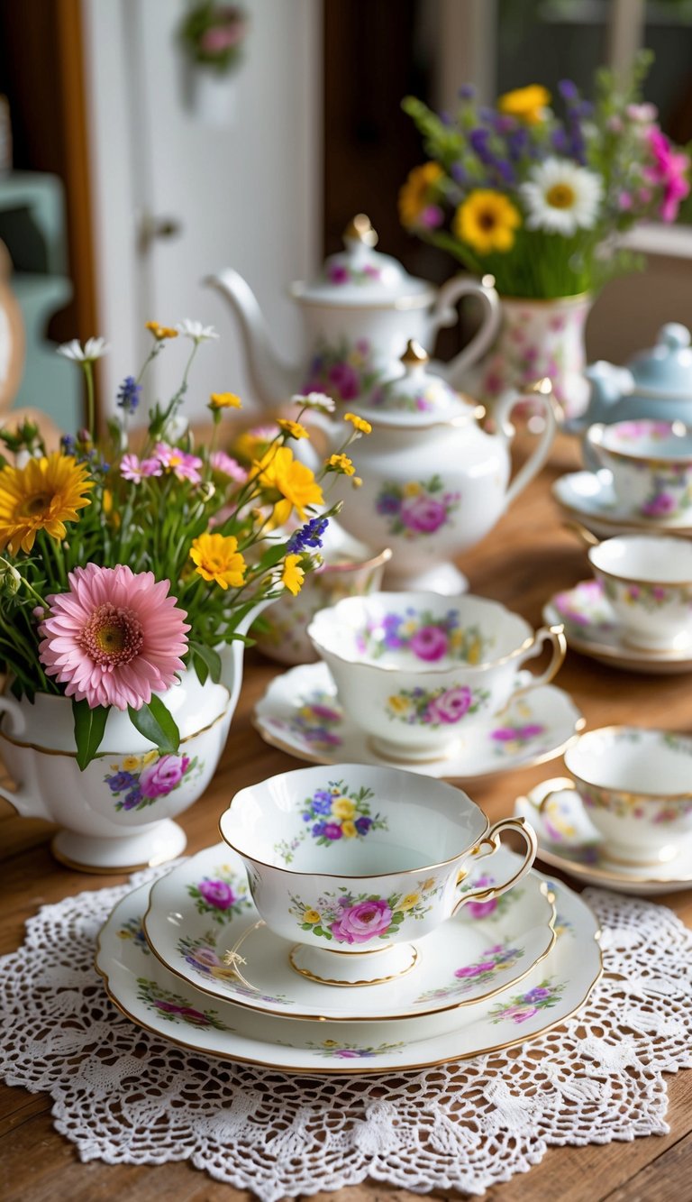 A floral china tea set arranged on a lace doily, surrounded by vintage teacups and a bouquet of wildflowers in a cozy cottagecore home