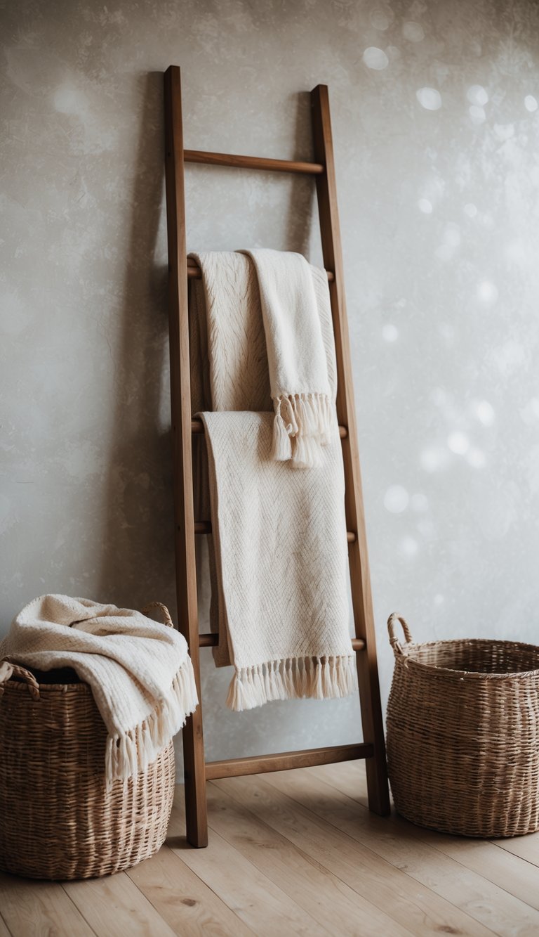 A wooden blanket ladder stands against a rustic wall, adorned with soft blankets and woven baskets, creating a cozy cottagecore atmosphere