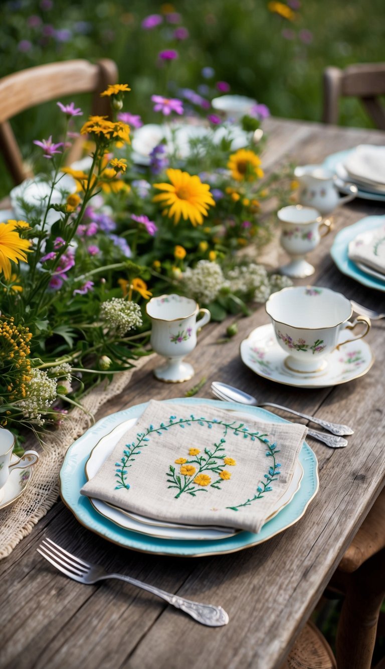 A rustic wooden table set with embroidered linen napkins, surrounded by wildflowers and vintage teacups, evoking a cozy cottagecore atmosphere