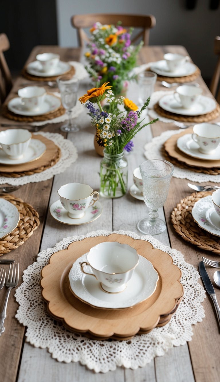 A rustic wooden table set with lace doily placemats, vintage teacups, and wildflower centerpieces, evoking a cozy cottagecore aesthetic