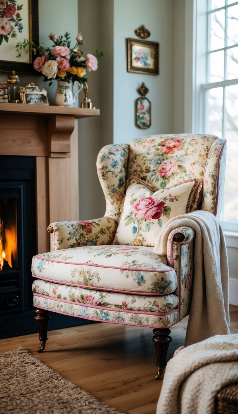 A chintz upholstered armchair sits by a crackling fireplace, surrounded by floral prints, vintage knick-knacks, and soft, cozy blankets