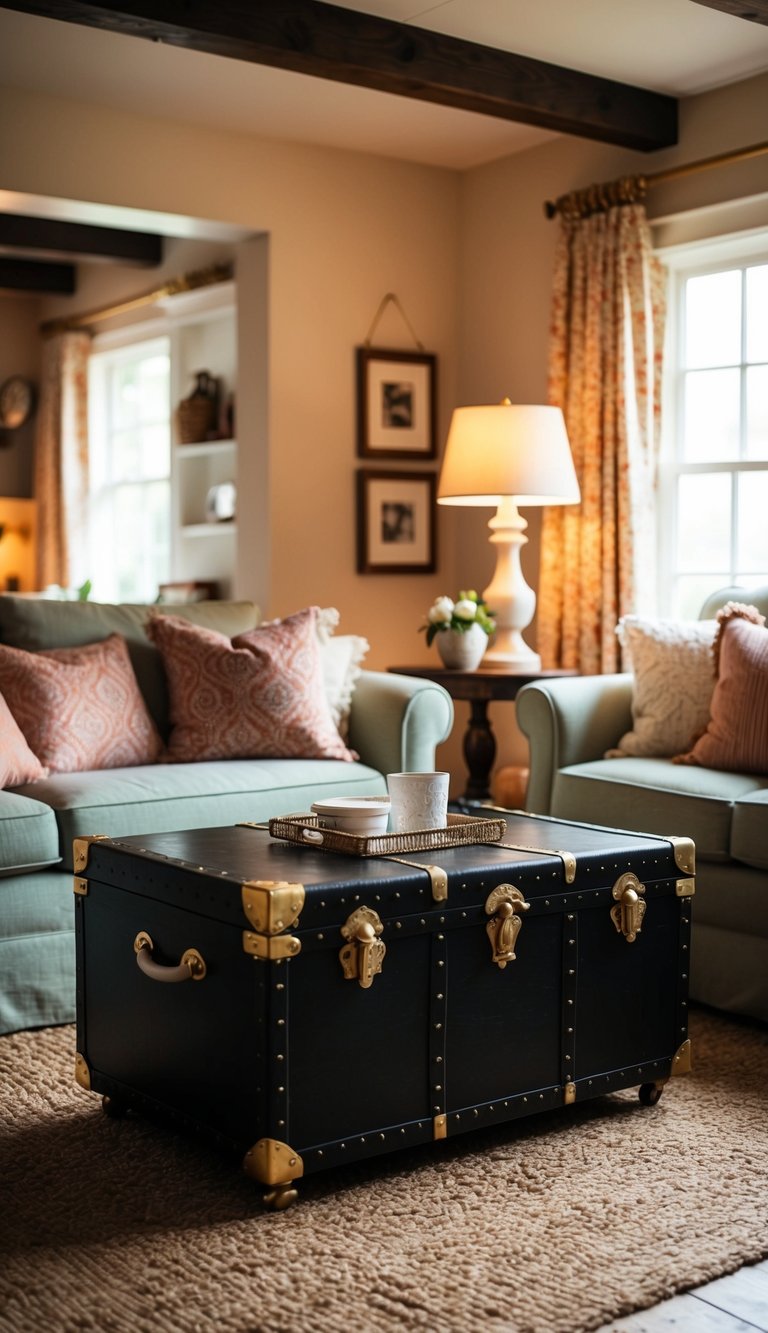 A vintage trunk coffee table sits in a cozy cottage living room, surrounded by warm, inviting decor and soft lighting