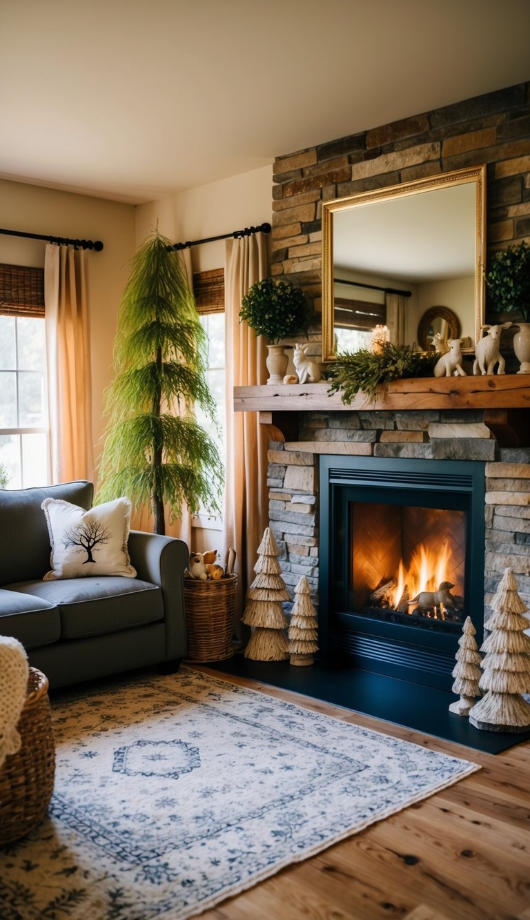 A cozy living room with a rustic fireplace, adorned with willow tree figurines and cottagecore decor, creating a warm and inviting atmosphere