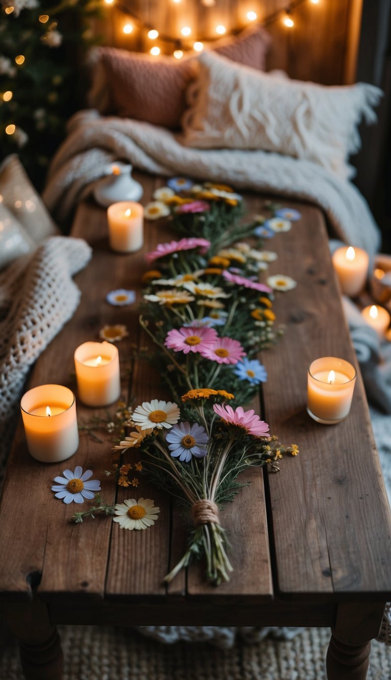 A vintage wooden table adorned with pressed flowers, surrounded by cozy blankets and candles, creating a warm and inviting cottagecore atmosphere