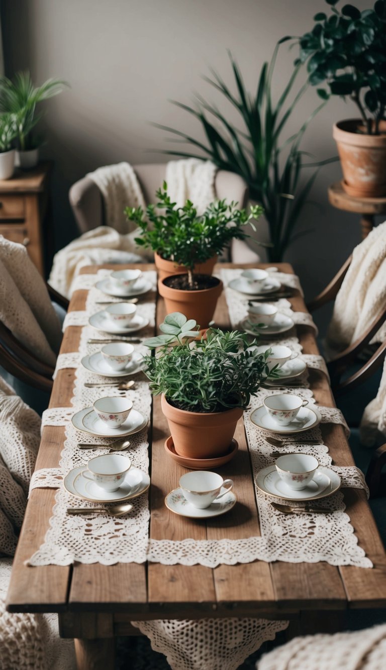 A rustic wooden table adorned with potted plants, vintage teacups, and a lace tablecloth, surrounded by cozy armchairs and soft blankets