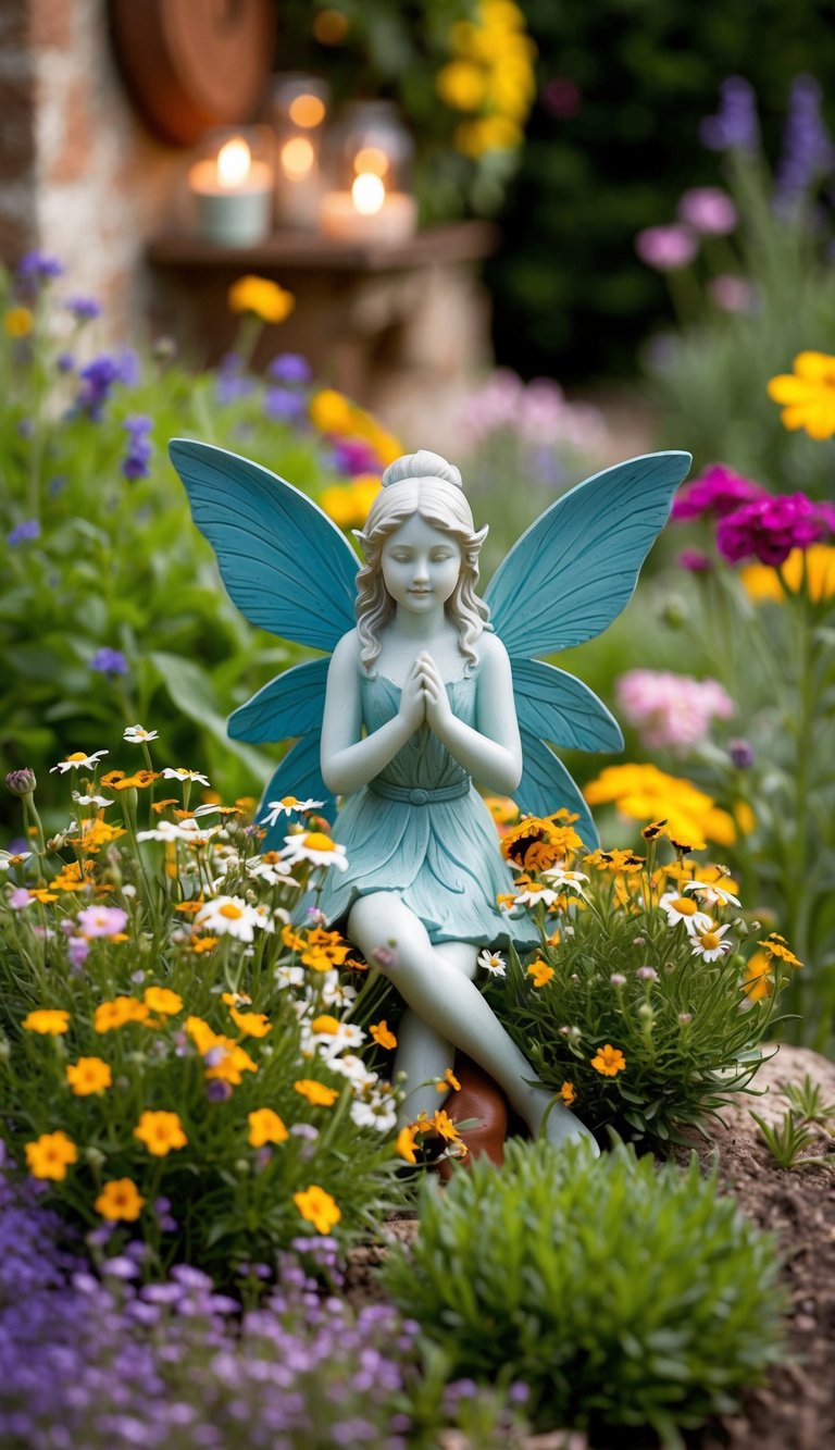 A garden fairy statuette nestled among wildflowers in a cozy cottage garden, surrounded by warm, inviting decor