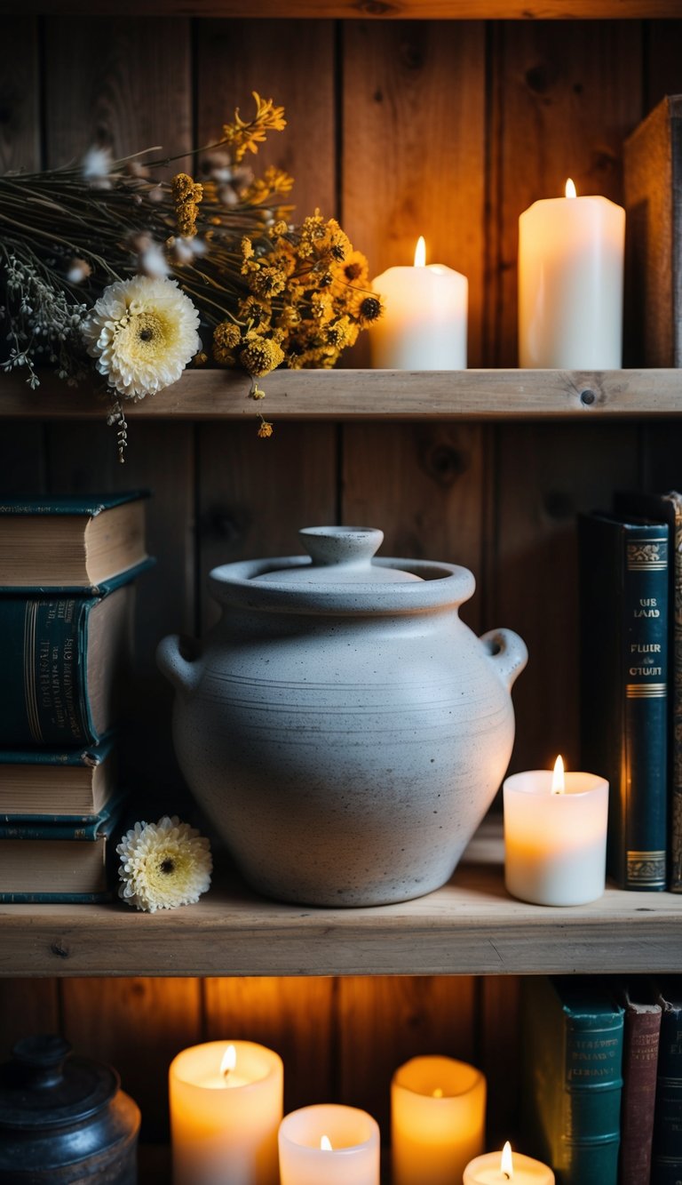 A rustic stoneware crock sits on a wooden shelf surrounded by dried flowers, vintage books, and flickering candles, evoking a cozy cottagecore atmosphere