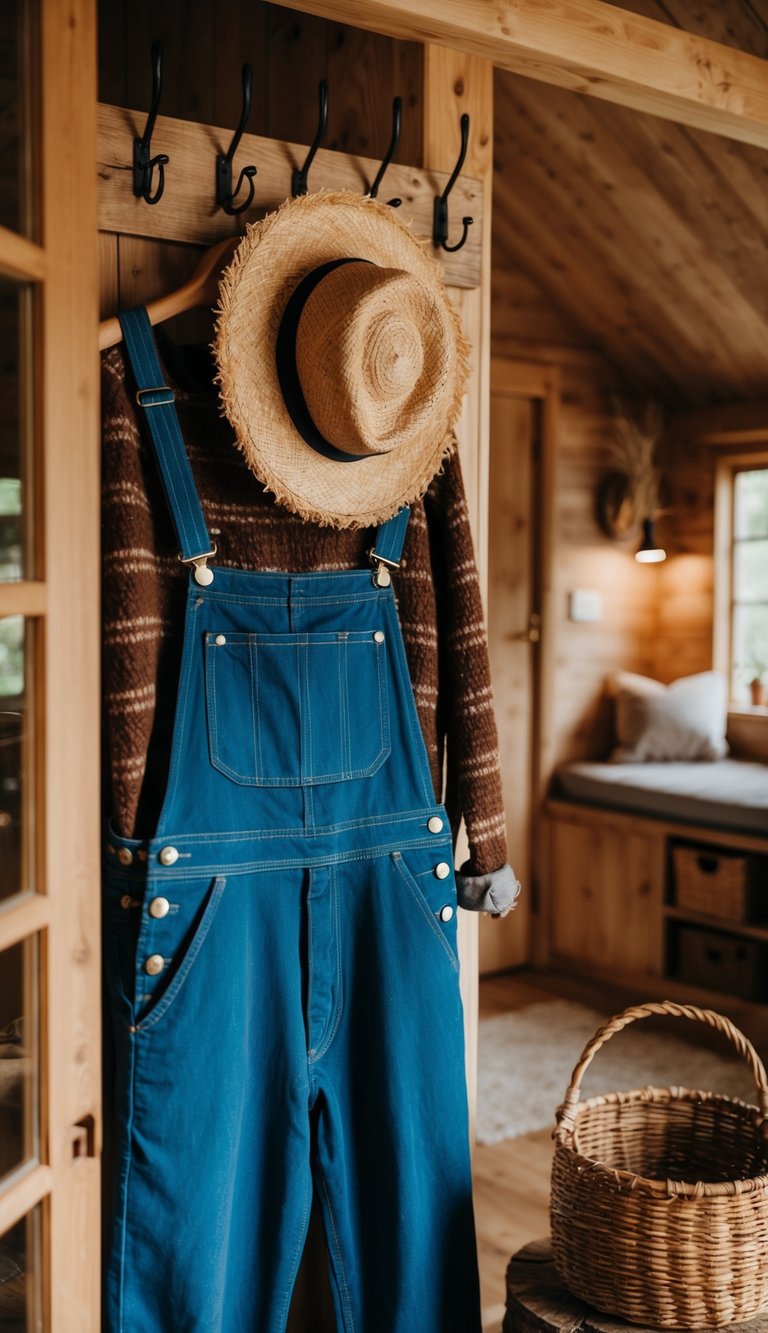 A cozy cottage interior with overalls and a straw hat hanging on a rustic wooden hook, surrounded by warm, earthy decor