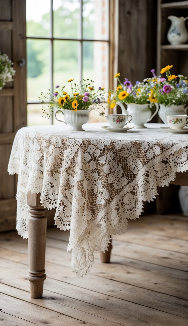 A lace tablecloth drapes over a rustic wooden table, adorned with wildflowers and vintage teacups, creating a cozy cottagecore-inspired decor