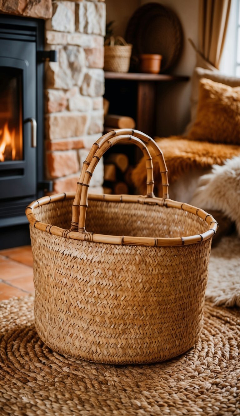 A rustic bamboo basket sits by a crackling fireplace in a cozy cottage, surrounded by warm, earthy decor and soft, inviting textures