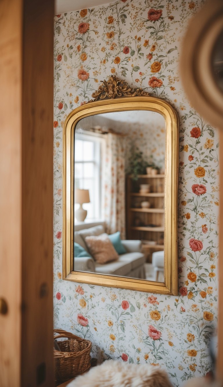 A vintage mirror with gold trim hangs on a floral wallpapered wall in a cozy cottage, surrounded by warm, rustic decor