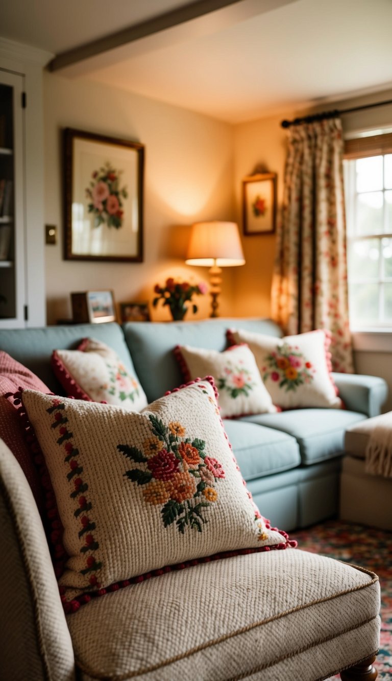 A cozy cottage living room with needlepoint throw pillows, vintage floral prints, and warm lighting