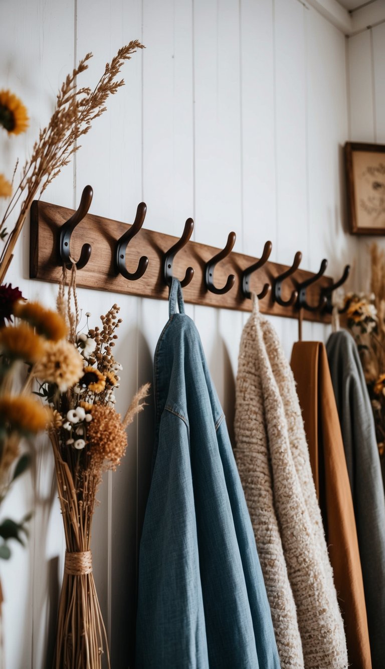 A row of rustic wooden coat hooks hang on a whitewashed wall, surrounded by dried flowers and vintage knick-knacks, creating a cozy cottagecore vibe