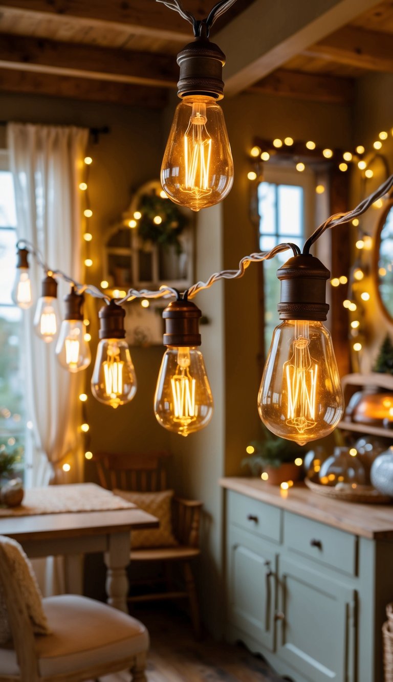 Glowing Edison bulb fairy lights hung in a cozy cottage, surrounded by vintage decor and warm earthy tones, creating a cozy and inviting atmosphere