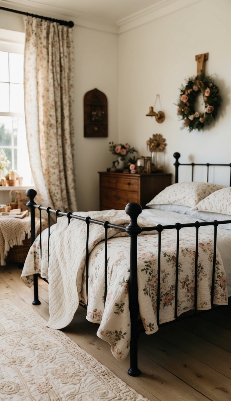 An iron bed frame draped in soft, floral linens sits in a sunlit room adorned with vintage knick-knacks and cozy, handmade quilts