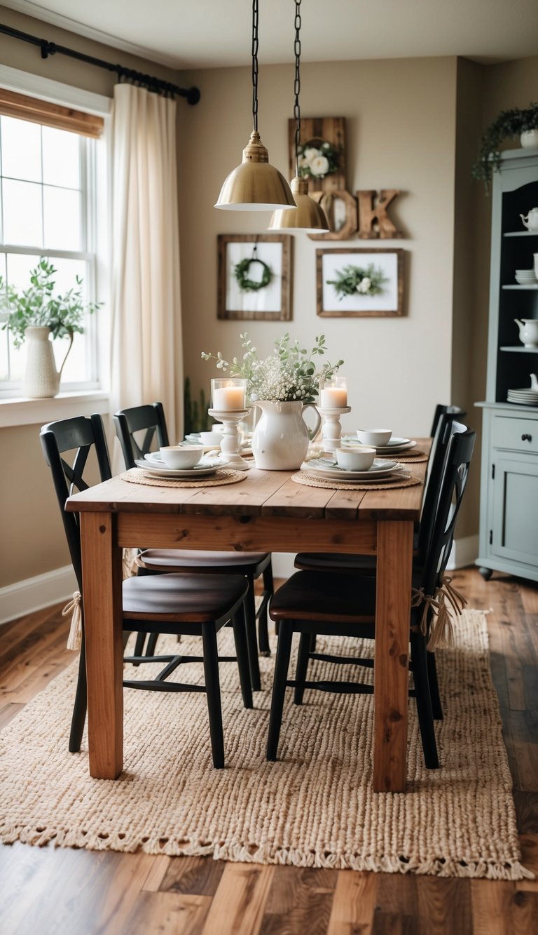 A wooden farmhouse dining set surrounded by cottagecore decor, creating a cozy and warm home atmosphere