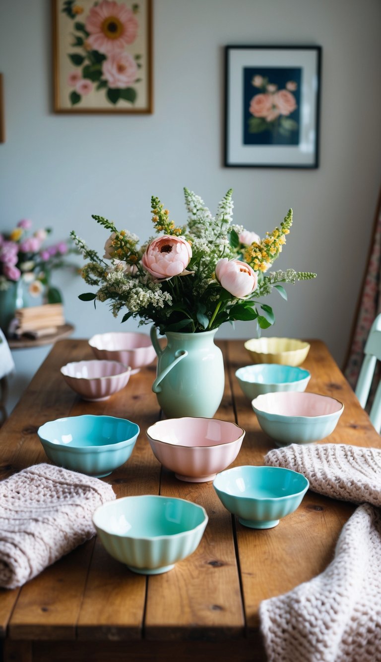 A rustic wooden table adorned with pastel ceramic bowls, surrounded by vintage floral prints and cozy knitted blankets in a cottagecore-inspired home