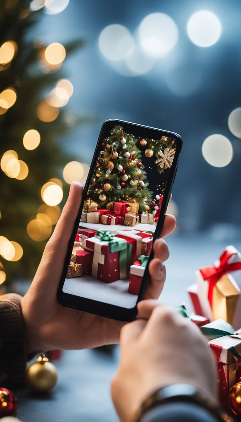 A festive scene with various Christmas-themed mobile phone wallpapers displayed on multiple phones