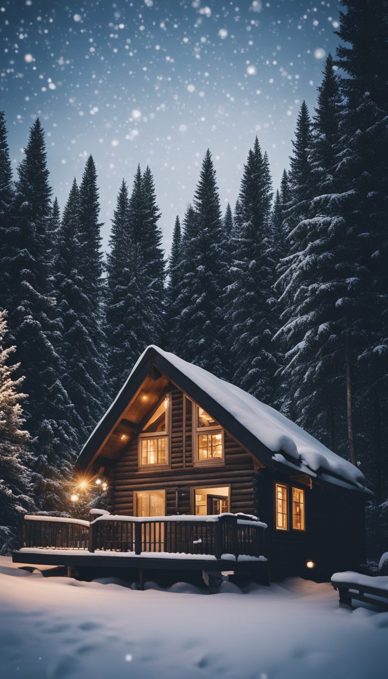 A cozy cabin surrounded by pine trees, with snow falling gently under a starry sky