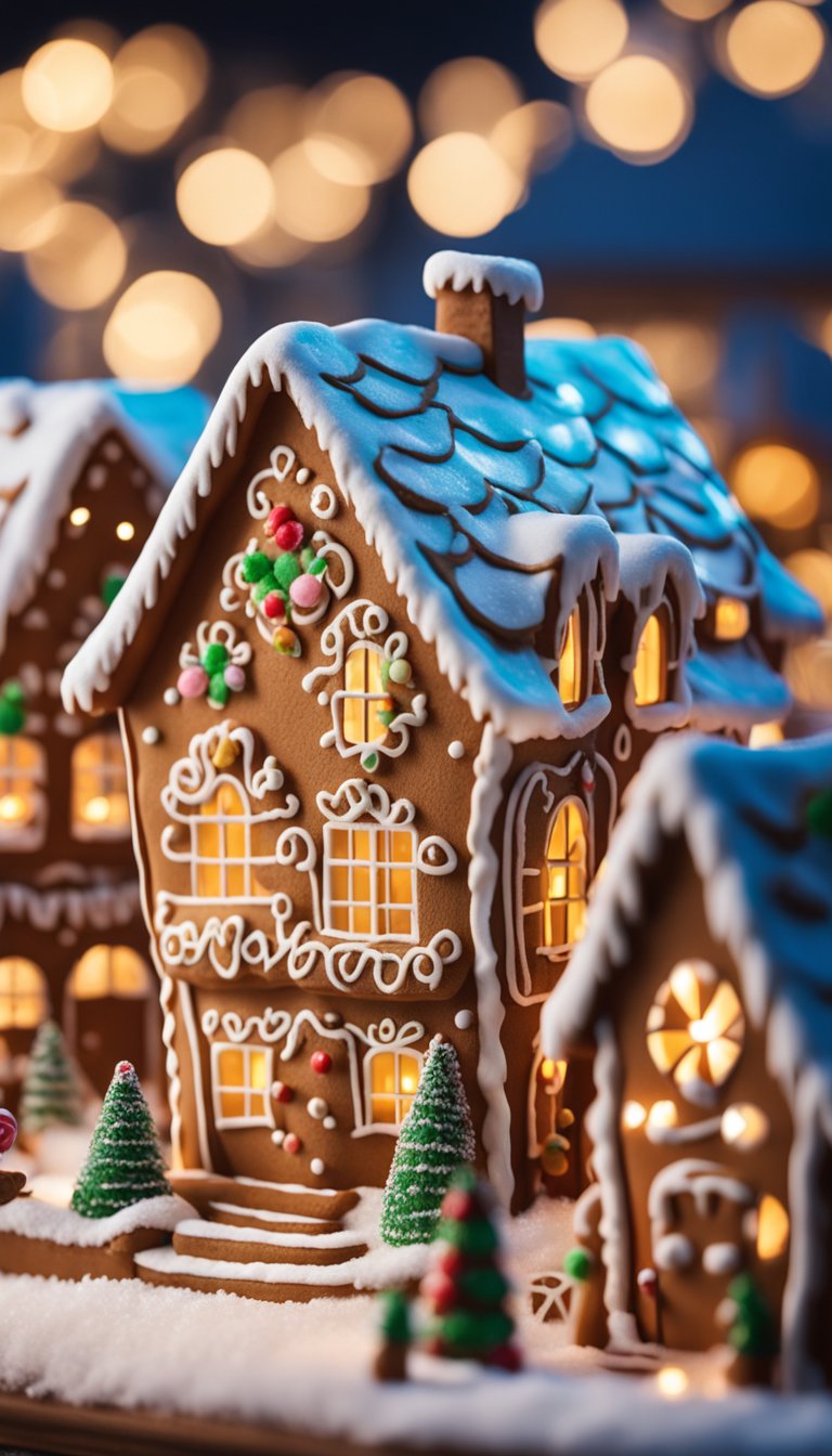 A cozy gingerbread village with colorful houses, candy cane fences, and snow-covered roofs. Twinkling lights and a festive atmosphere create a perfect Christmas scene