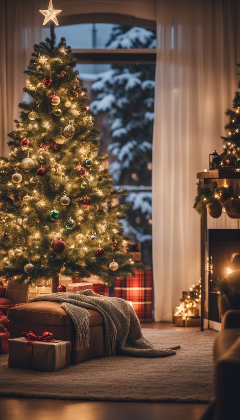 A cozy living room with a festive plaid blanket draped over a chair, surrounded by twinkling Christmas lights and a small decorated tree