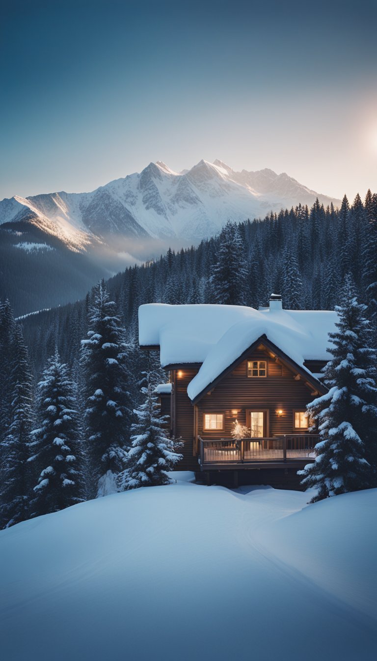 A snowy forest with pine trees, snow-capped mountains, and a cozy cabin with smoke rising from the chimney