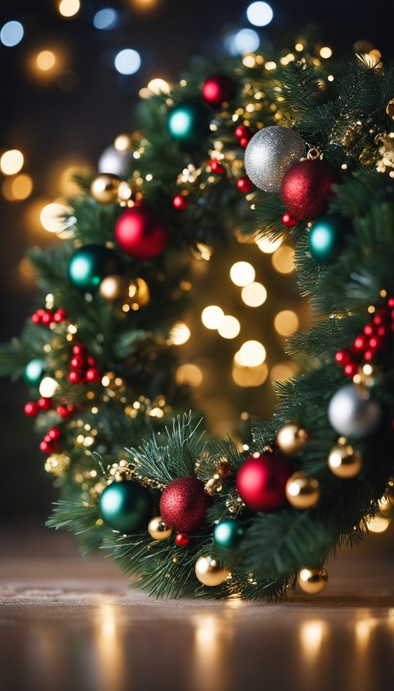 A festive Christmas wreath adorned with ornaments and holly, surrounded by twinkling lights and snowflakes