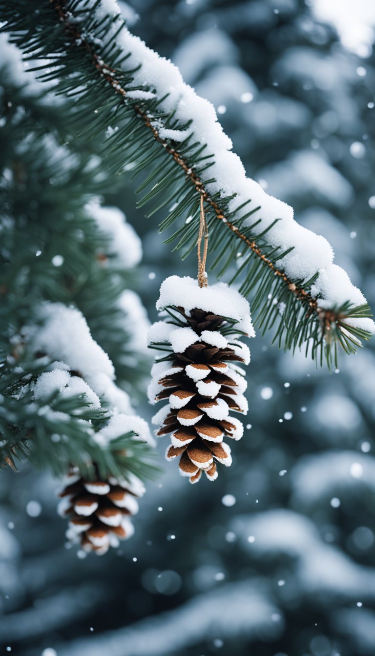 A snow-covered pine forest with frosted pine cones hanging from the branches, surrounded by a serene winter landscape