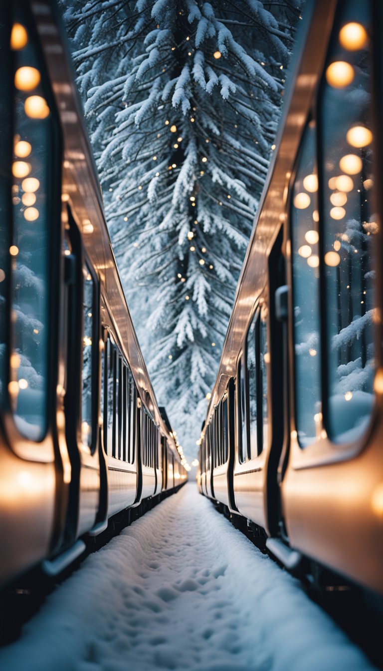 A snowy train journey through a winter wonderland, with twinkling lights and festive decorations