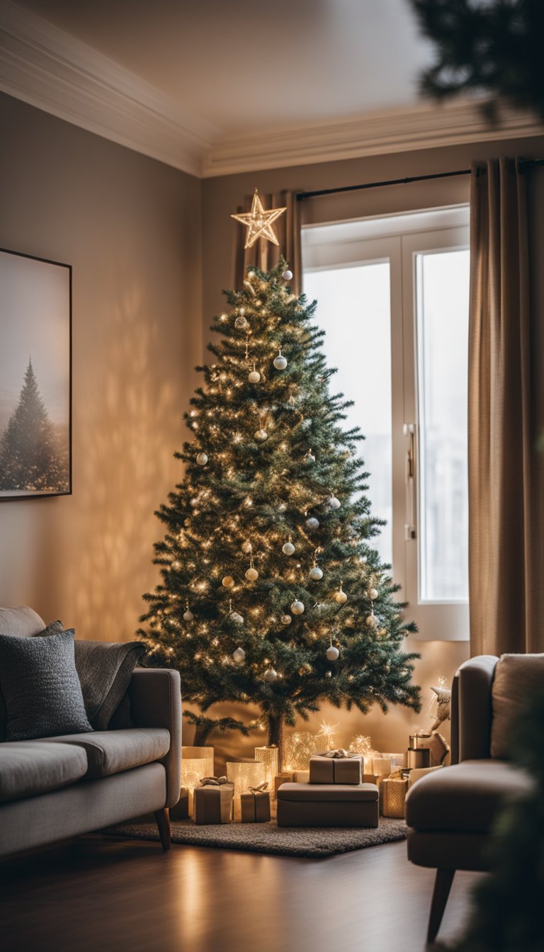 A cozy living room with a twinkling Christmas tree and glowing string lights adorning the walls