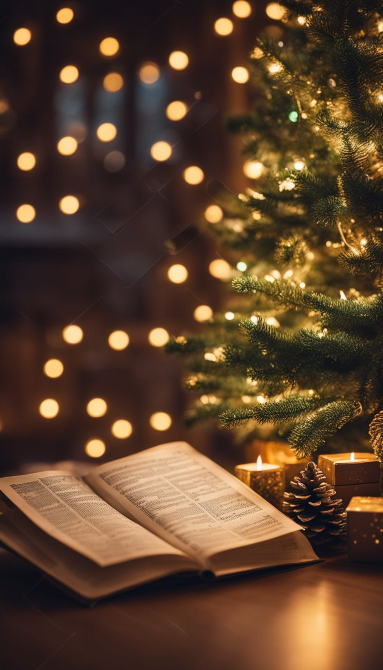 A cozy living room with a decorated Christmas tree, glowing fireplace, and a stack of classic Christmas carol sheet music