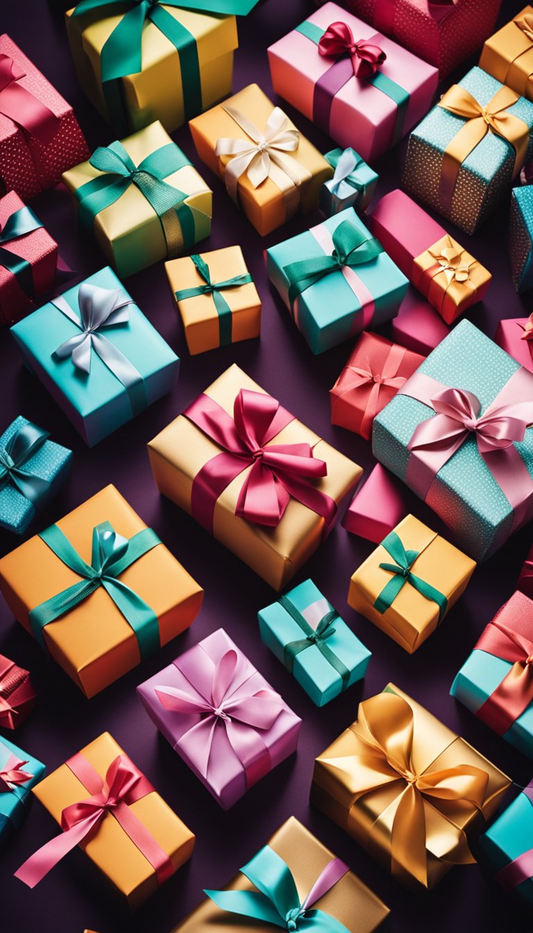 Colorful gift-wrapped presents arranged in a festive display