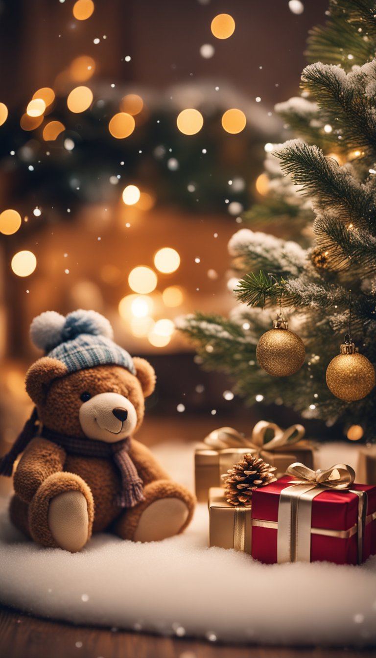 A cozy winter scene with teddy bears gathered around a decorated Christmas tree, with snow falling gently in the background