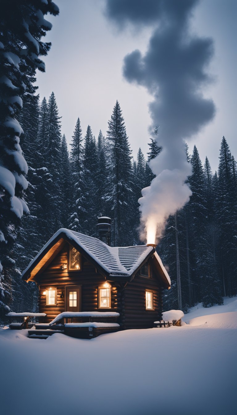 A cozy cabin nestled in a snowy forest, smoke curling from the chimney, surrounded by pine trees and twinkling lights