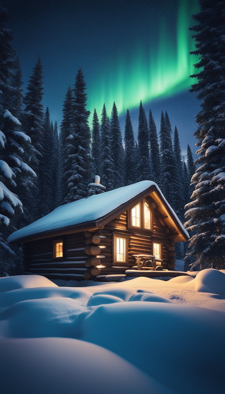 A cozy log cabin nestled among snow-covered pine trees, with a starry night sky and the Northern Lights dancing in the distance