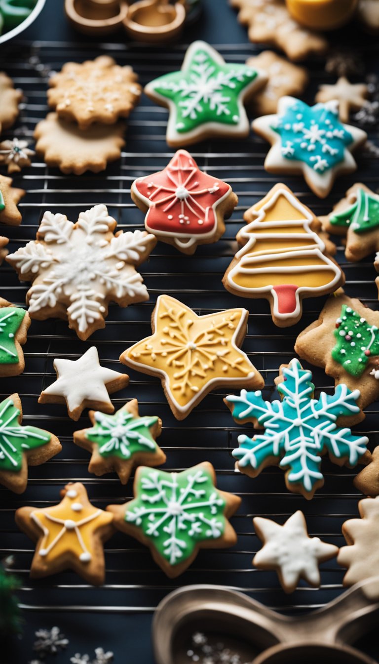 A festive kitchen filled with colorful baking ingredients, holiday-themed cookie cutters, and a variety of decorated cookies cooling on wire racks