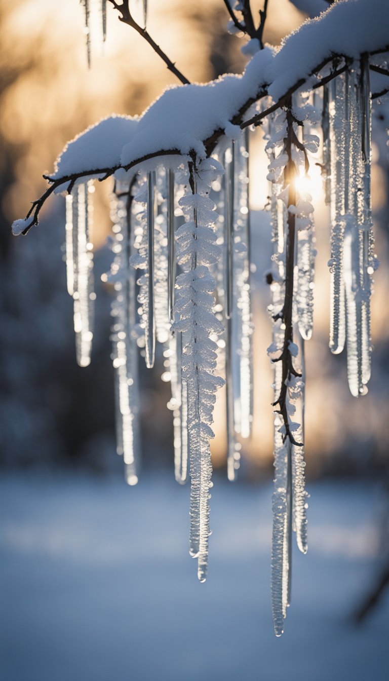 Icicles hanging from snowy branches, catching the light