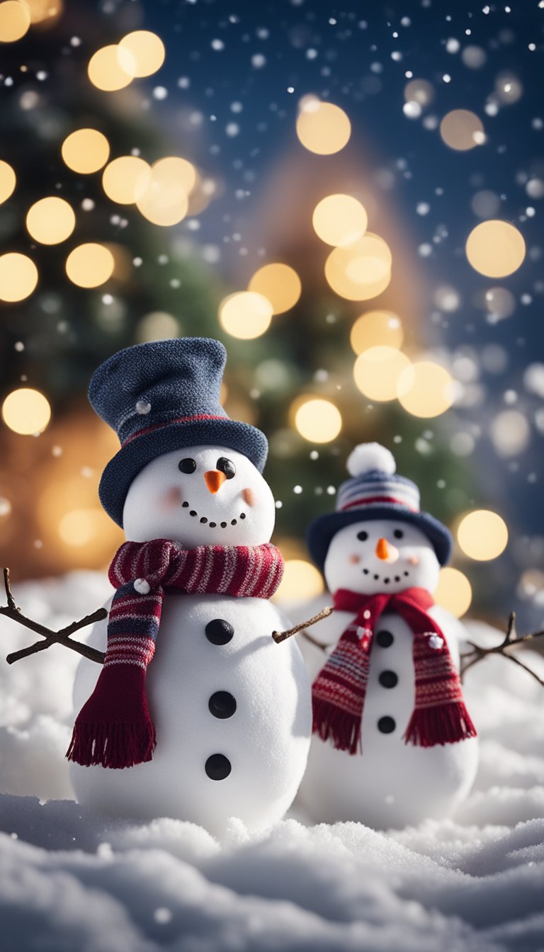 A cheerful snowman family in a snowy landscape, surrounded by festive Christmas decorations and twinkling lights