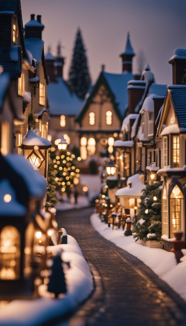 A Victorian Christmas village with snow-covered cottages, a festive market, and carolers singing by the glowing street lamps