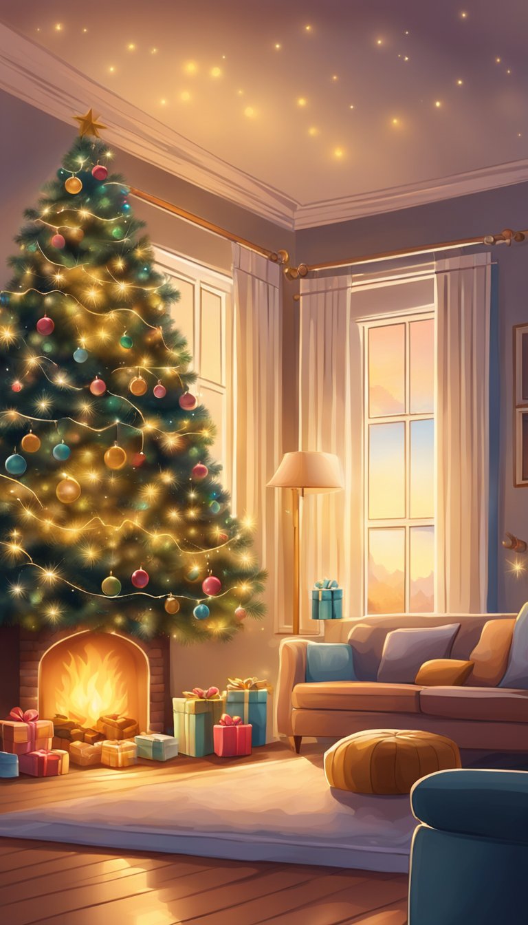 A cozy living room with a decorated Christmas tree, stockings hanging from the fireplace, and a warm glow from twinkling lights