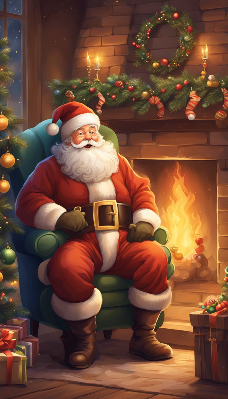 A jolly Santa sits by a crackling fireplace, surrounded by festive decorations and a cozy armchair